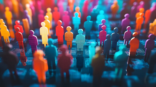 Colorful figures on digital grid symbolize diverse customer insights and personalized marketing.
