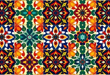 Intricate azulejo-inspired geometric patterns in traditional Portuguese colors; seamless vector tile designs, repeat, culture