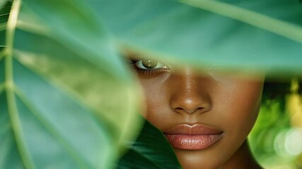 Natural beauty portrait with Monstera leaf backdrop, serene vibe