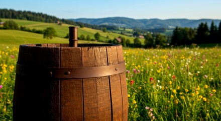Obraz premium Barrel standing in a summer flower meadow against the backdrop of hills. Rustic scenery, countryside, wine making and aging concept, for food and beverage industry design