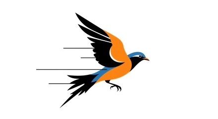 Colorful bird in flight with motion blur lines on white background. Symbol of travel, freedom, express delivery, new development and innovative business solutions.
