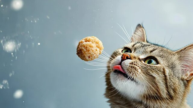 A playful cat focused on a floating treat, sticking its tongue out in anticipation. The image captures a hilarious and candid pet behavior moment with sharp detail and humor
