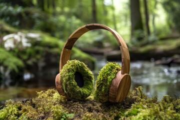 Creative headphone crafted from wood and moss captures forest sounds for eco-friendly listening experience in nature