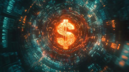 Obraz premium A glowing dollar sign symbolises futuristic financial transaction in a technology tunnel.