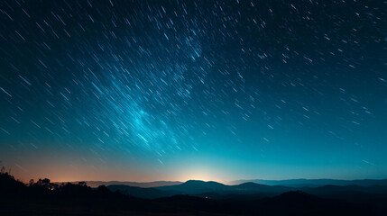 Fototapeta premium A scenic view of star trails over dark mountains against a blue and orange gradient sky at night