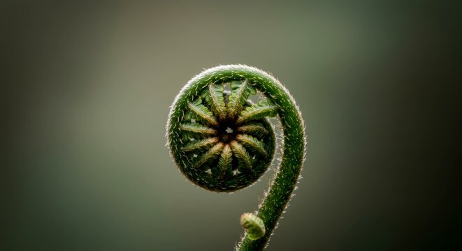 Unfurling fern frond against blurred backdrop, symbol of new beginnings. Decorative element for spring designs, nature-inspired materials, and floral greeting cards.