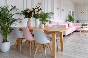 Fototapeta premium a Scandinavian dining room with pastel-colored chairs and a wooden table in a white living room interior, with a pastel pink and green color scheme