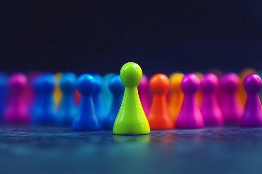 Pro social network concept. Colorful figure pawns represent connections between people. Business communication, teamwork, cooperation. Social media, global network, community. Marketing, HR