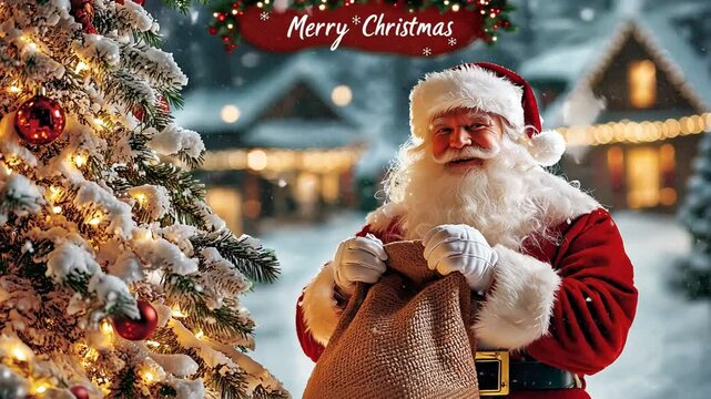 Santa Claus and Christmas tree in a cozy village scene