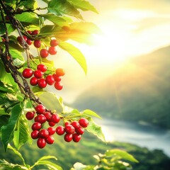 Vibrant Red Berries on Branch Against a Golden Sunset Serene Nature Close Up View Capturing the Beauty of Natural Light and Lush Greenery