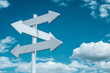 Three-way directional signpost against a partly cloudy sky