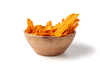 Dry carrot chips isolated, dried sliced red vegetable, healthy crispy snack flakes pile