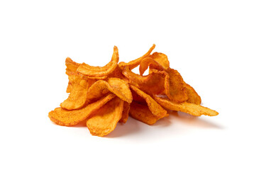 Dry carrot chips isolated, dried sliced red vegetable, healthy crispy snack flakes pile