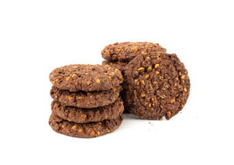 Chocolate oatmeal cookies, healthy cereal oat crackers with nuts, crispy homemade cookie with cocoa powder