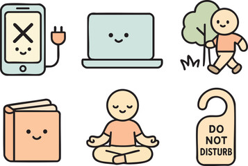 Kawaii Flat Style 6-Icon Set of Digital Detox Activities with Pastel Colors on White Background