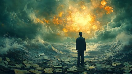 Obraz premium A solitary figure stands on a shore of documents amidst a turbulent, apocalyptic sky.