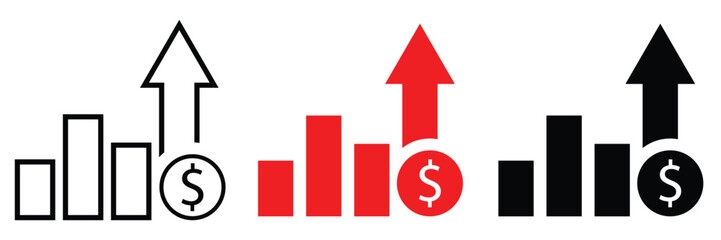 Dollar rate increase vector icon set. Rise cost vector illustration.