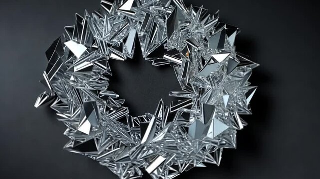 Abstract chrome fractal shards form a circular pattern on dark background, render