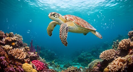 Obraz premium Ocean Majesty: A Sea Turtle's Graceful Glide Through Vibrant Coral AI Generated