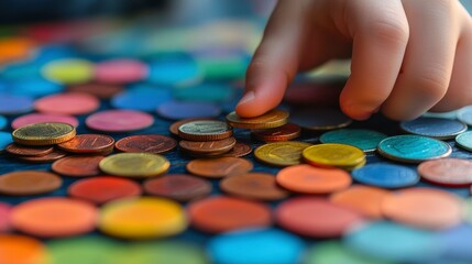 Fototapeta premium Child's Hand Picking Up Colorful Coins