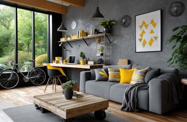 an industrial-style home office with concrete walls, yellow and black accents, modern furniture like metal desk chairs and high shelves, a bicycle leaning against the wall