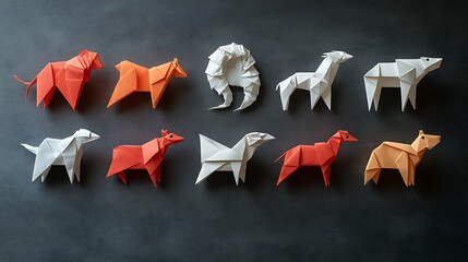 Collection of miniature origami animals arranged, even overhead lighting, flat lay composition, showcasing variety.
