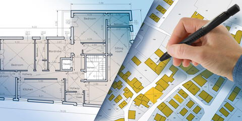 BUILDING PERMIT CONCEPT IN CONSTRUCTION INDUSTRY AND BUILDINGS ACTIVITY - Concept with residential building project, fictional cadastral map and General Urban Plan