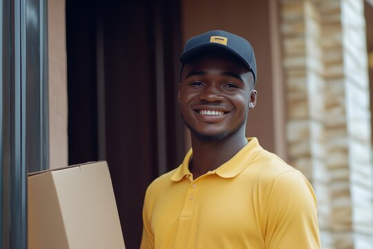 Smiling African American delivery man gives parcel to customer at home door. Courier service, online shopping, modern delivery. Order, food, groceries, fast delivery, customer service.