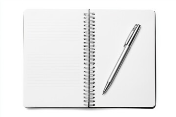 Top view spiral notebook with silver pen on blank white page. Creative design idea memo concepts for writing, drawing business planning. Vertical full page notebook for sketching layouts, plans