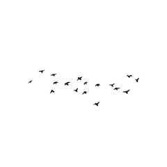 Silhouetted swallows in scattered flight on a white background, reflecting minimalist beauty and a sense of peaceful freedom.”