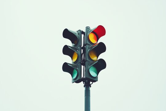 Traffic light isolated on white background. Red, yellow, green color signals. Semaphore, road safety, traffic regulation, driving, crossroads. Stop and go concept, transport, urban life.