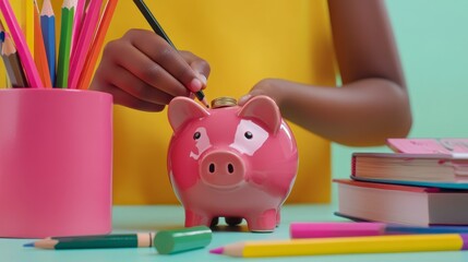 Child Saving Money in Piggy Bank with Colorful Pencils