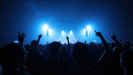 Fototapeta premium Silhouetted Concert Crowd Enjoying Live Music Under Blue Stage Lights