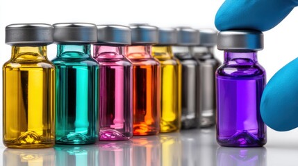 A gloved hand carefully selects a vibrant purple vial from a row of colorful medicine sample bottles representing a concept of medical cures and treatments in a high-resolution