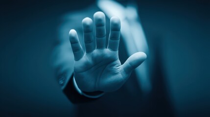 A businessman dressed in a formal suit raises his hand in a clear no gesture, indicating refusal. The background suggests a professional atmosphere conducive to business meetings