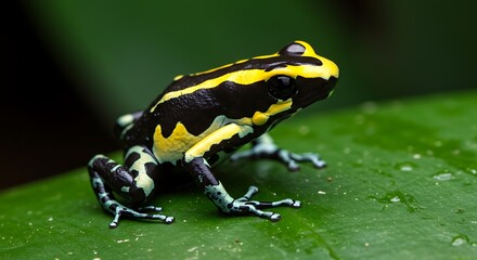 Obraz premium Vibrant Yellow-Banded Poison Frog on Dew-Kissed Leaf AI Generated