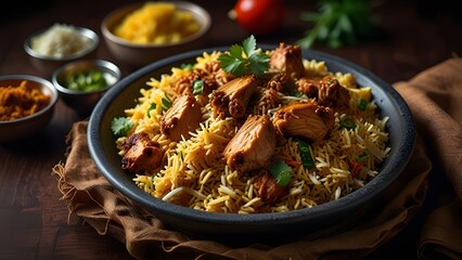   A vibrant and appetizing illustration of a steaming hot plate of biryani, with a mix of aromatic spices, fluffy basmati rice, and tender pieces of marinated chicken or lamb, garnished with fresh cil