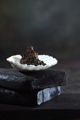 Black caviar is served in shells. Delicacy. An exquisite snack. Natural omega.