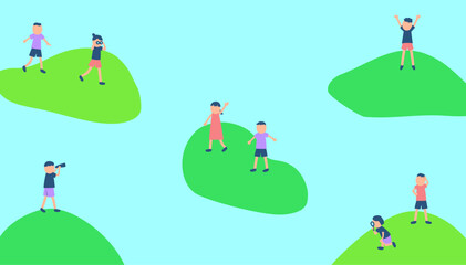 Fototapeta premium 島で探索する子供たちのイラスト