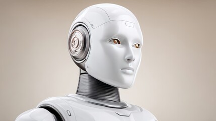 White humanoid robot with friendly face and neck sensors in futuristic lab lighting representing artificial intelligence and emotion in technological design