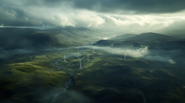 Aerial view of wind turbines nestled in a valley between rolling hills under a dramatic sky.