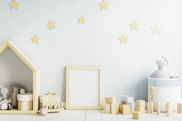 Pastel Blue Nursery Decor With Wooden Toys And Star Wall Art