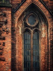Fototapeta premium Gothic Church Architecture: Symmetrical Design, Ornate Details, and Stained Glass Windows in Historic Urban Setting