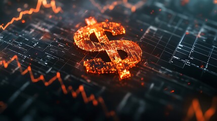 A glowing dollar sign symbolises digital finance and market trends.