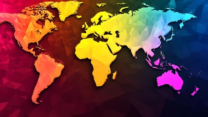 Dynamic polygon world map with vibrant colors for creative backgrounds and presentations