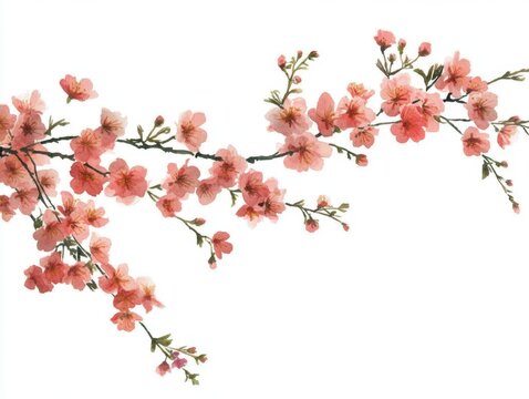 Delicate watercolor painting of cherry blossom branches with soft pink flowers on a white background capturing spring freshness and botanical beauty