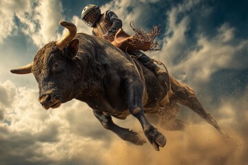 Obraz premium photorealistic bull rider mid-air on bucking bull in freeze frame action shot