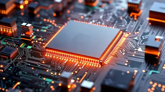 Close-up of a computer microchip, showcasing intricate circuitry and glowing orange accents.