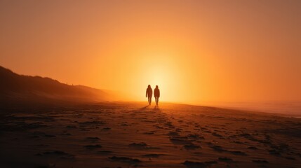Fototapeta premium A couple strolls hand in hand along the beach as the sun sets in the background, casting a warm golden glow over the sand and water. Their silhouettes stand out against the vibrant colors of dusk