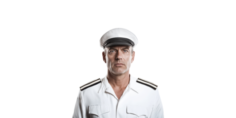 Ship Captain In Uniform. Maritime Leadership And Navigation Authority Isolated On Transparent Background
